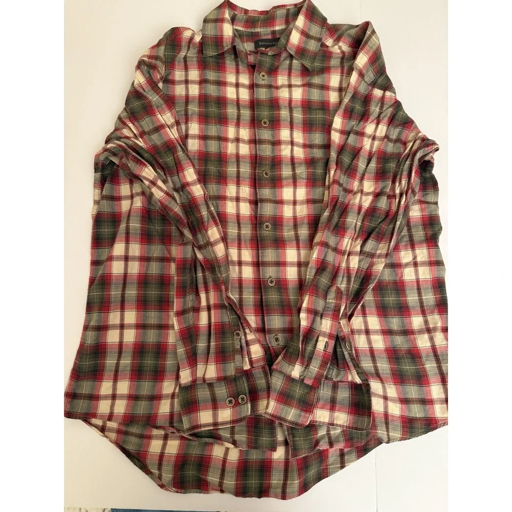 Banana Republic Men Large Shirt Plaid Button Down Cotton Red Green Beige Country